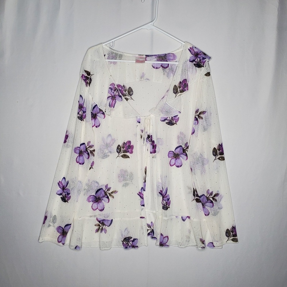 Luna Mesh Sequin Floral Tie Front Overlay Cardigan Women 1X Purple Floral
